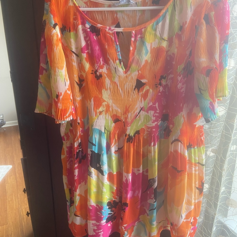 Bright Floral Watercolor Tunic Top in Orange & Pink by floral & ivy size large